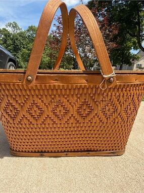 Vintage Red-mon woven wicker picnic basket 1950-1960
